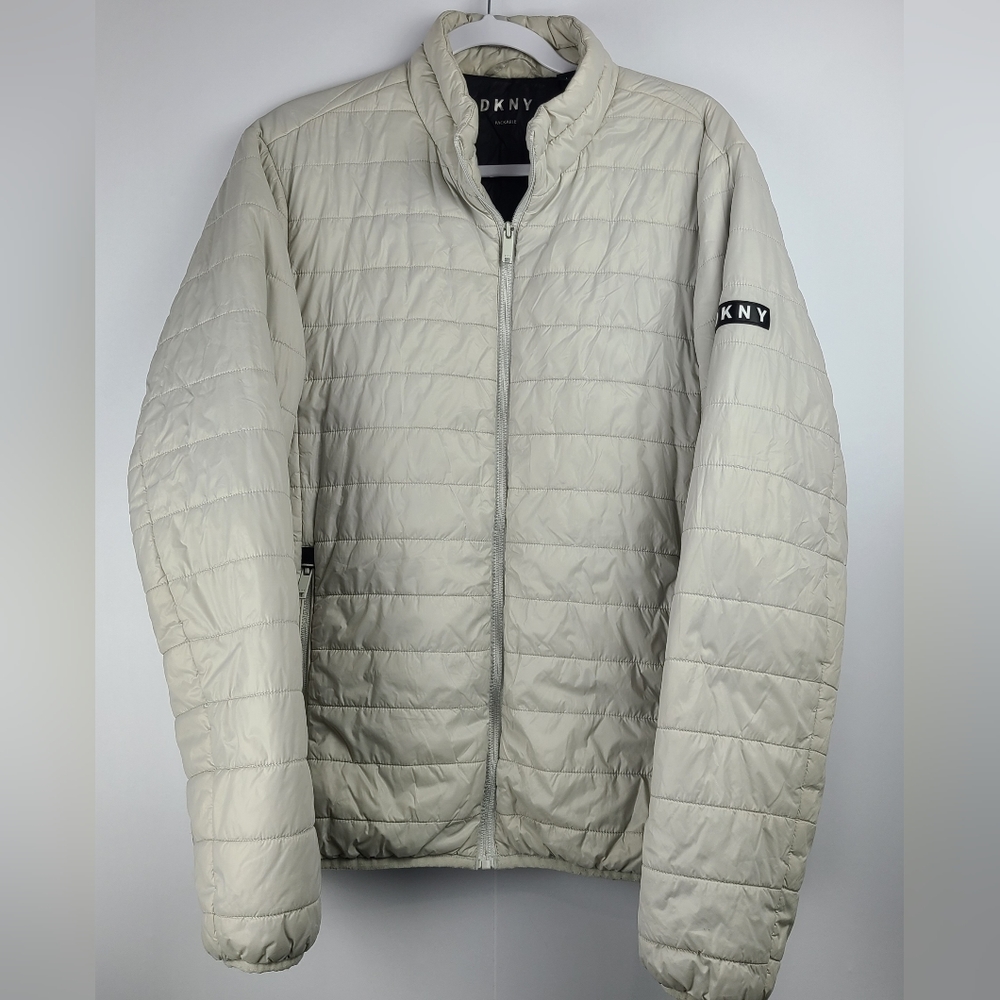 DKNY men's gray packable puff jacket, size L